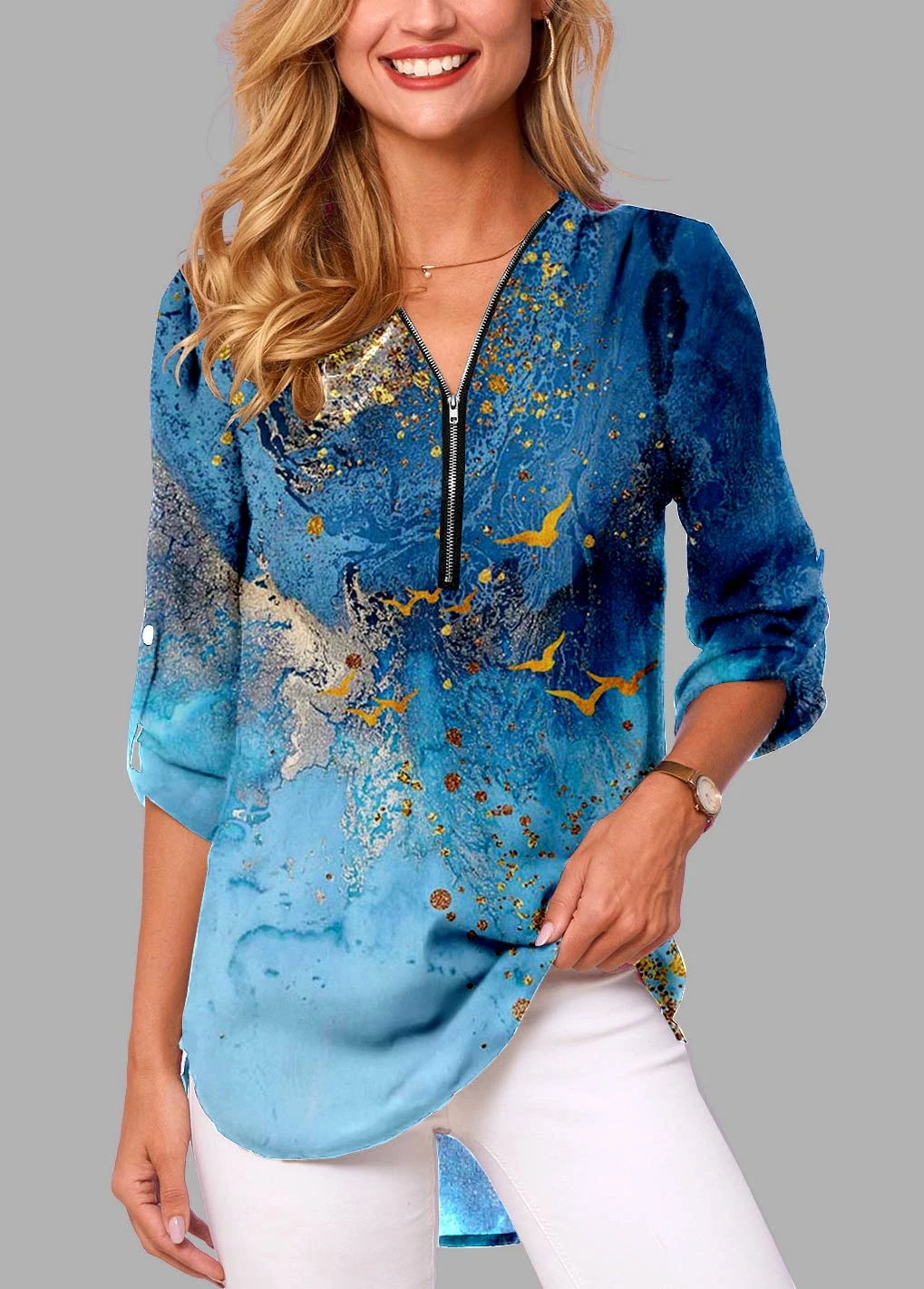 Quarter Zip Scape Print Blue Blouse 3 Quarter Zip Scape Print Blue Blouse