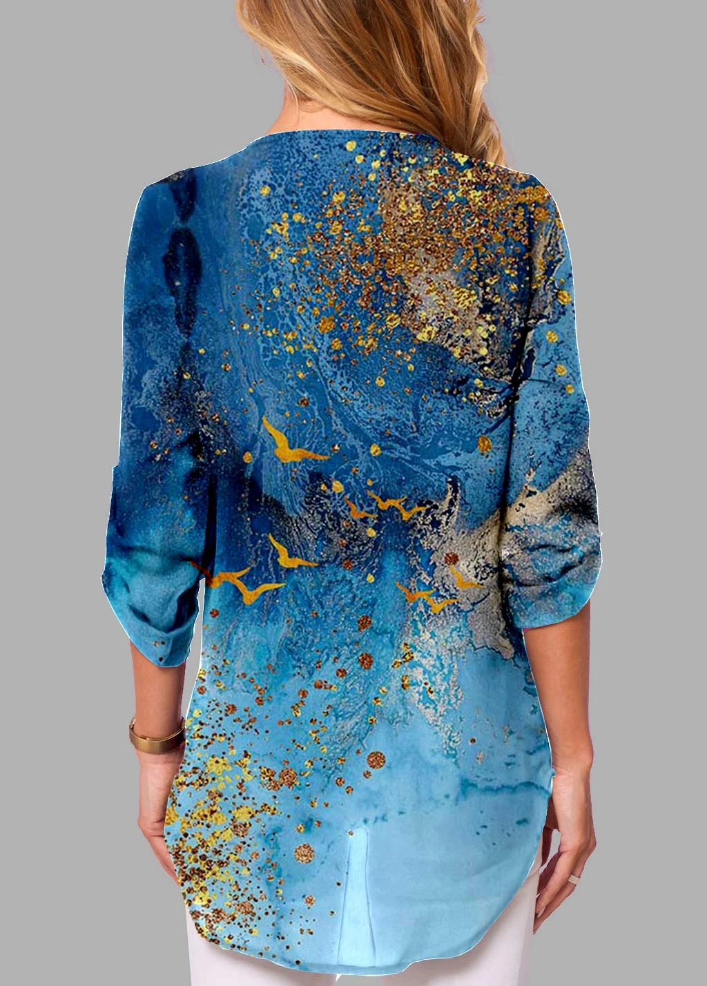 Quarter Zip Scape Print Blue Blouse 4 Quarter Zip Scape Print Blue Blouse - Image 2