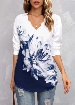 Navy Floral Print Long Sleeve V Neck Blouse