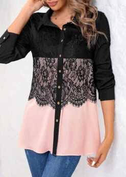 Pink Patchwork Long Sleeve Shirt Collar Blouse