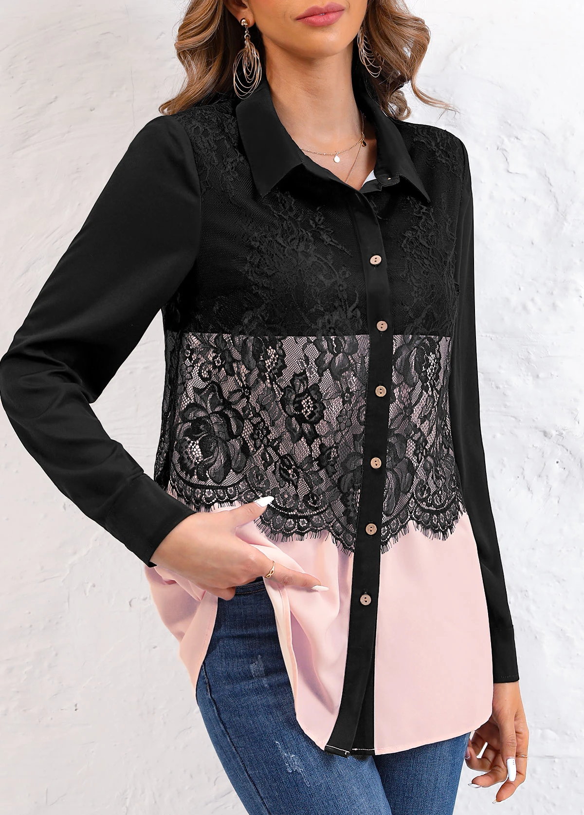 Pink Patchwork Long Sleeve Shirt Collar Blouse 5 Pink Patchwork Long Sleeve Shirt Collar Blouse - Image 3