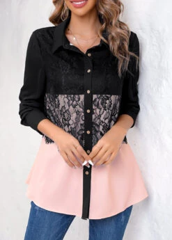 Pink Patchwork Long Sleeve Shirt Collar Blouse 12 Pink Patchwork Long Sleeve Shirt Collar Blouse -UrbanLayer Store 317495 P 16730871806844