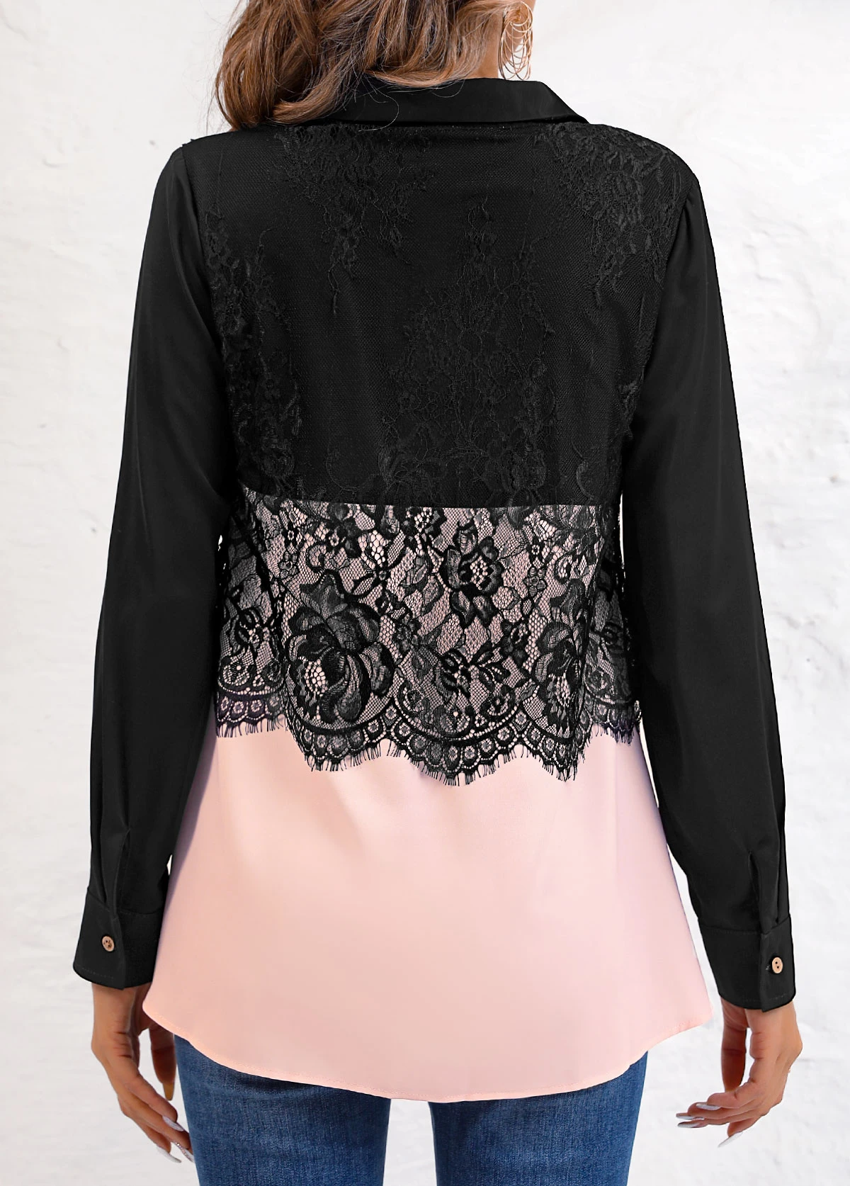 Pink Patchwork Long Sleeve Shirt Collar Blouse 4 Pink Patchwork Long Sleeve Shirt Collar Blouse - Image 2