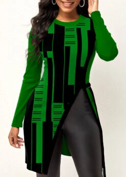 Green Geometric Print Long Sleeve T Shirt 7 Green Geometric Print Long Sleeve T Shirt -UrbanLayer Store 320292 P 1669014138758