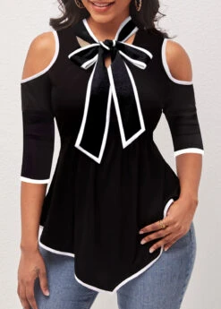 Black Lace 3/4 Sleeve Tie Collar T Shirt