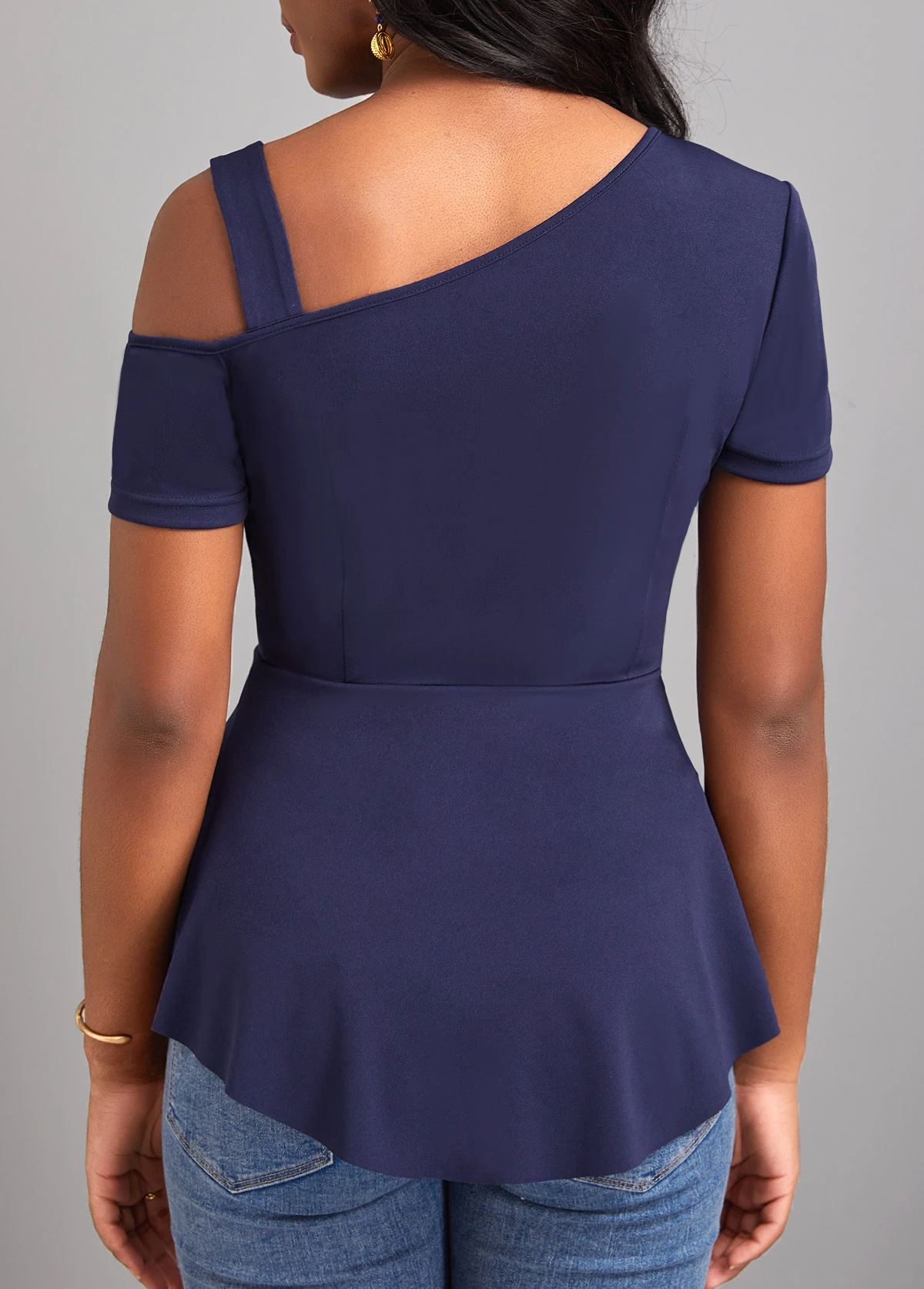 Navy Short Sleeve Asymmetry Cold Shoulder Blouse 4 Navy Short Sleeve Asymmetry Cold Shoulder Blouse - Image 2