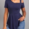 Navy Short Sleeve Asymmetry Cold Shoulder Blouse -UrbanLayer Store 320743 P 16720284768280