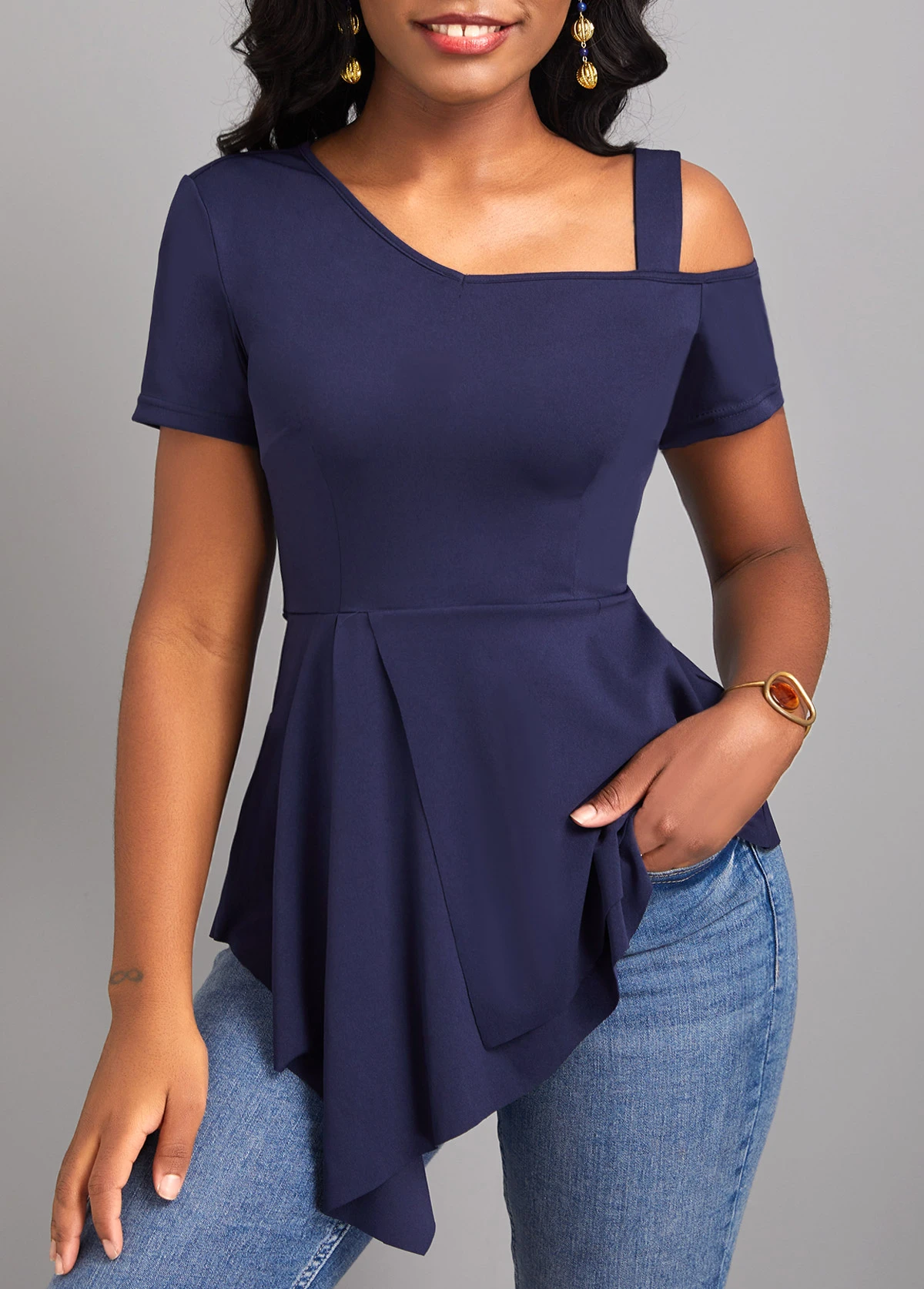 Navy Short Sleeve Asymmetry Cold Shoulder Blouse 3 Navy Short Sleeve Asymmetry Cold Shoulder Blouse