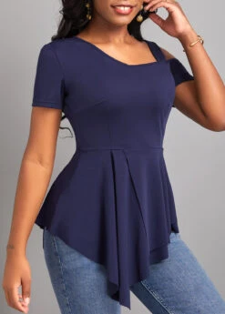 Navy Short Sleeve Asymmetry Cold Shoulder Blouse 8 Navy Short Sleeve Asymmetry Cold Shoulder Blouse -UrbanLayer Store 320743 P 16720284769042