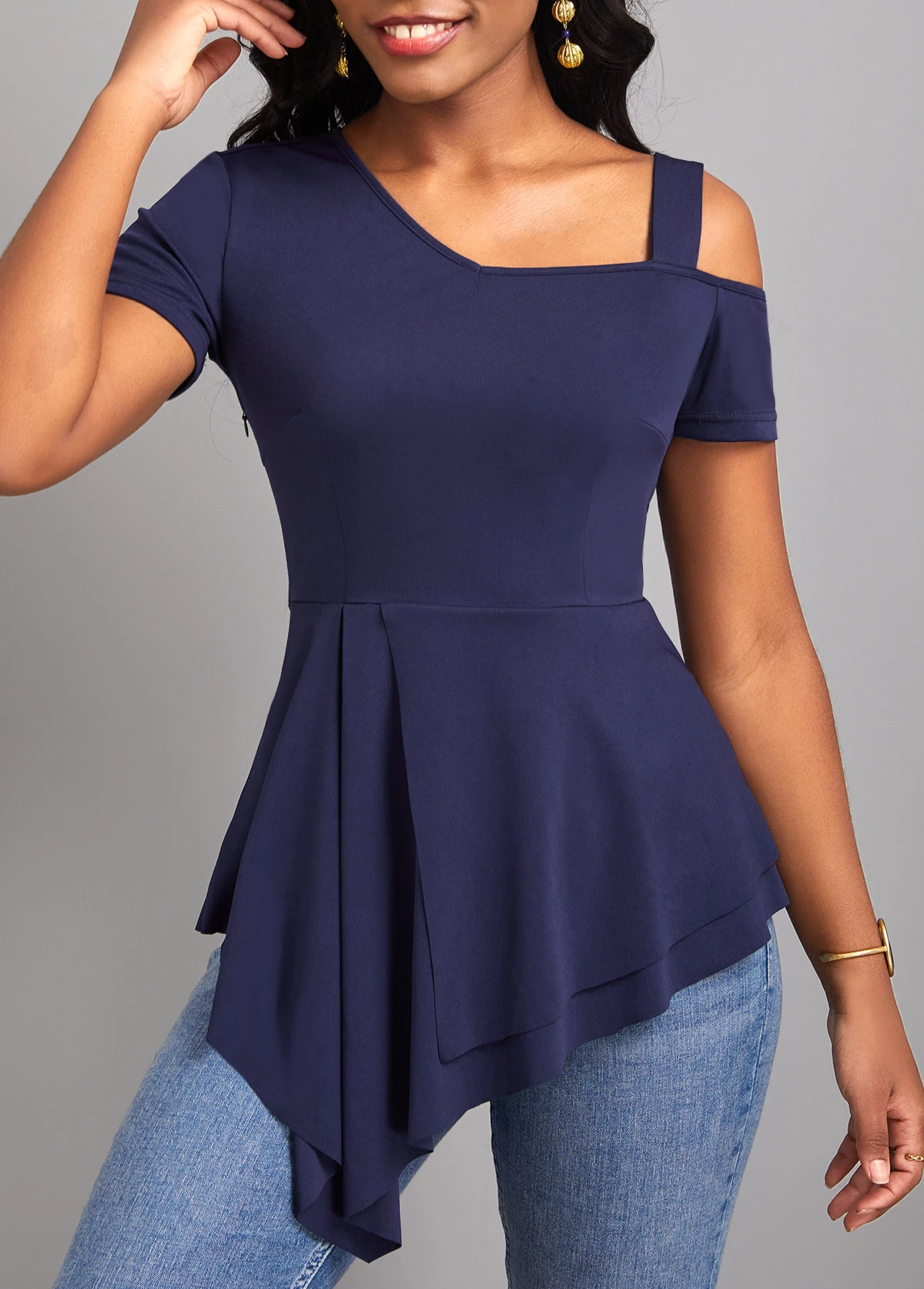 Navy Short Sleeve Asymmetry Cold Shoulder Blouse 6 Navy Short Sleeve Asymmetry Cold Shoulder Blouse - Image 4