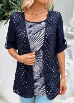 Navy Fake 2in1 Leaf Print Blouse