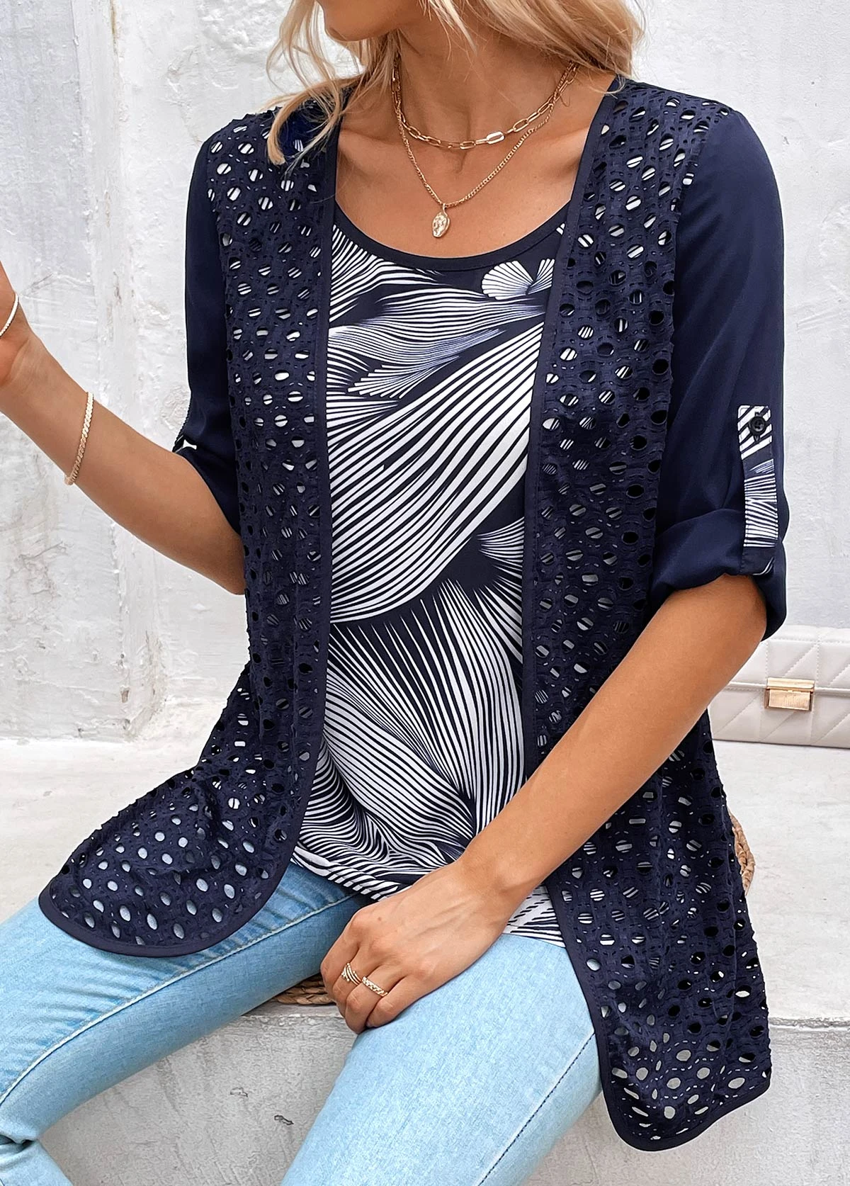 Navy Fake 2in1 Leaf Print Blouse 8 Navy Fake 2in1 Leaf Print Blouse - Image 6