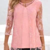 Pink Lace Three Quarter Length Sleeve Blouse -UrbanLayer Store 321488 P 16766298792880