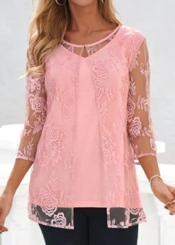 Pink Lace Three Quarter Length Sleeve Blouse 13 Pink Lace Three Quarter Length Sleeve Blouse -UrbanLayer Store 321488 P 16766298793965