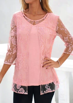 Pink Lace Three Quarter Length Sleeve Blouse 11 Pink Lace Three Quarter Length Sleeve Blouse -UrbanLayer Store 321488 P 16766298797483