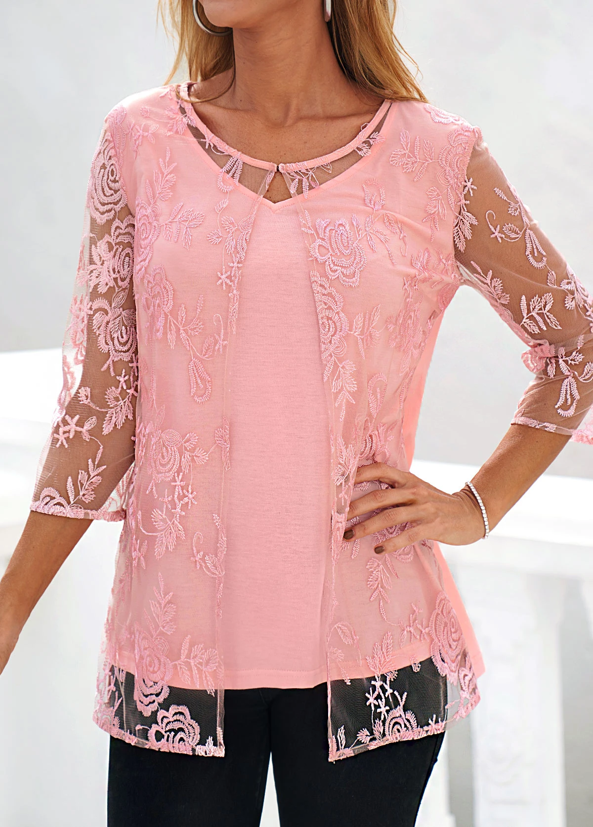 Pink Lace Three Quarter Length Sleeve Blouse 6 Pink Lace Three Quarter Length Sleeve Blouse - Image 4