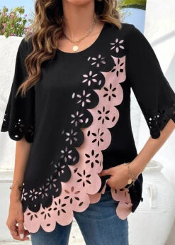 Black Patchwork Hollow Half Sleeve Round Neck Blouse 11 Black Patchwork Hollow Half Sleeve Round Neck Blouse -UrbanLayer Store 321490 P 16785342863823