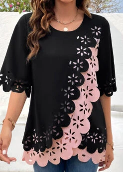 Black Patchwork Hollow Half Sleeve Round Neck Blouse 13 Black Patchwork Hollow Half Sleeve Round Neck Blouse -UrbanLayer Store 321490 P 16785342870965