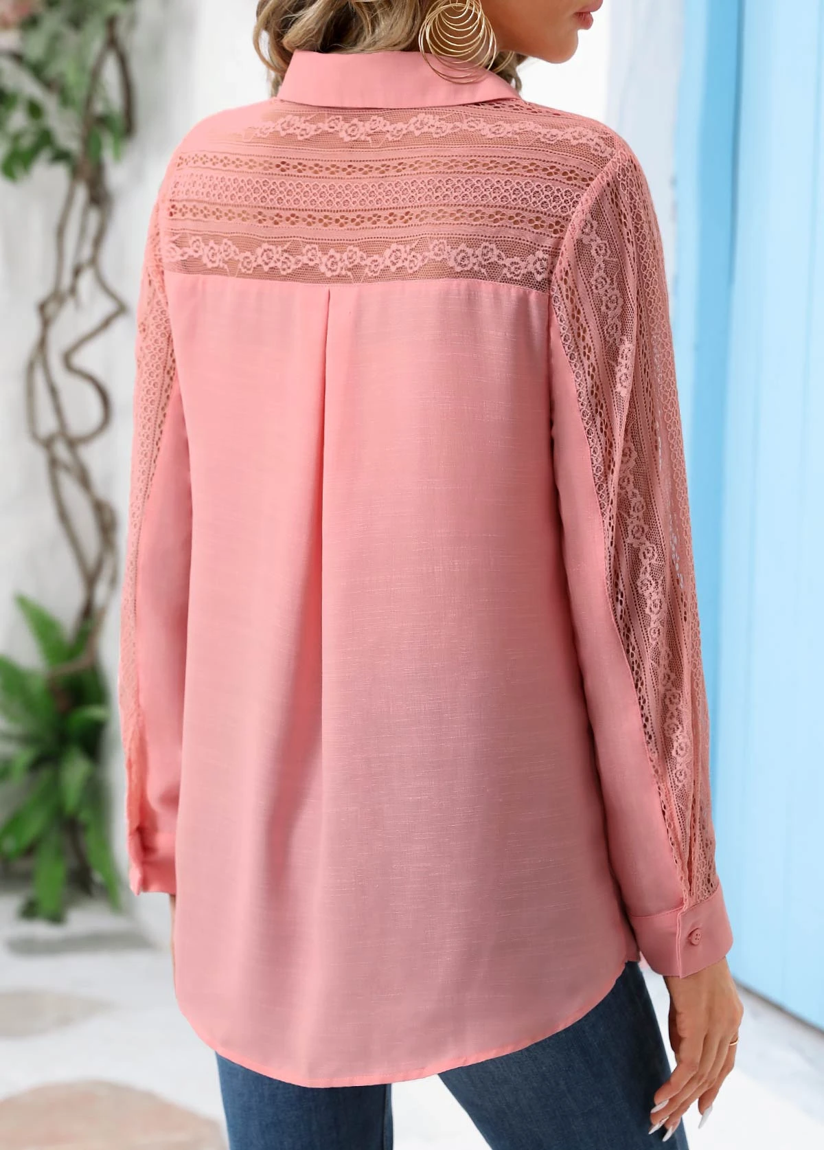 Pink Lace Long Sleeve Shirt Collar Blouse 4 Pink Lace Long Sleeve Shirt Collar Blouse - Image 2