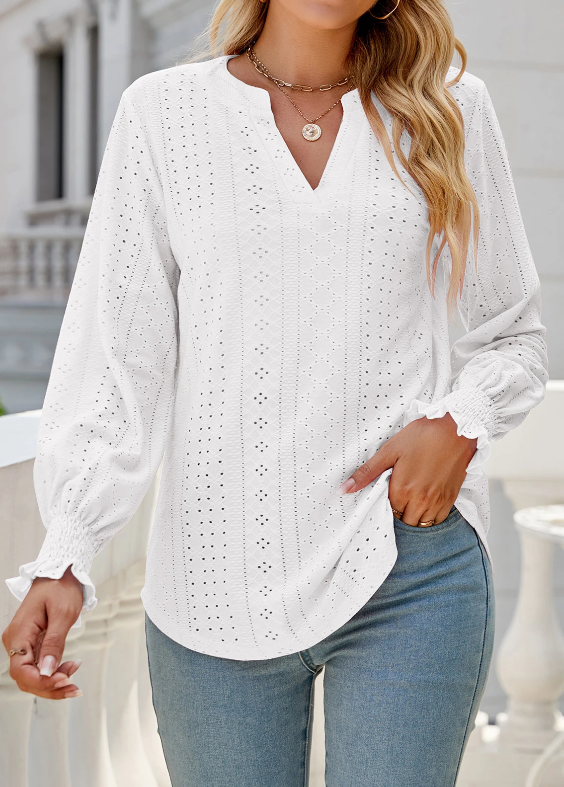 White Breathable Long Sleeve Split Neck Blouse 3 White Breathable Long Sleeve Split Neck Blouse
