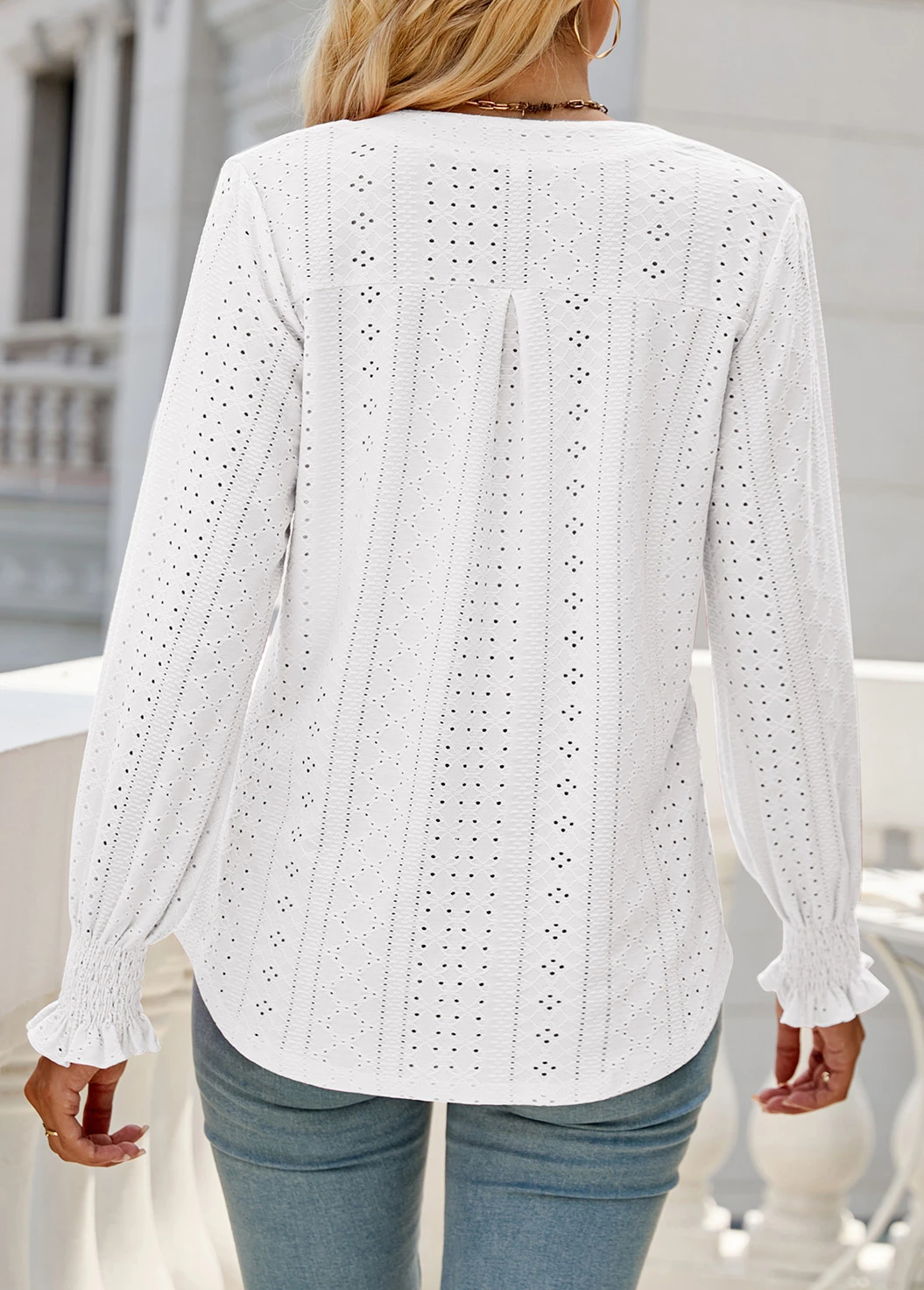 White Breathable Long Sleeve Split Neck Blouse 4 White Breathable Long Sleeve Split Neck Blouse - Image 2