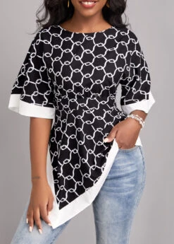 Black Asymmetry Geometric Print Half Sleeve Blouse