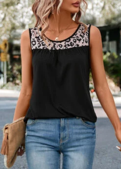 Black Patchwork Leopard Round Neck Tank Top -UrbanLayer Store 322487 P 16733298140664