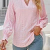 Light Pink Breathable Long Sleeve Split Neck Blouse -UrbanLayer Store 322566 P 1671523778133