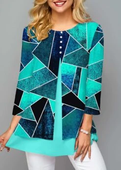 Cyan Layered Round Neck Geometric Print Blouse -UrbanLayer Store 322783 P 1671784953304