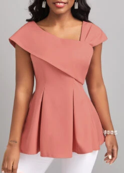 Pink Short Sleeve Asymmetrical Neck Blouse