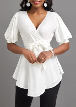 White Asymmetry Short Sleeve V Neck Belted Blouse -UrbanLayer Store 322814 P 16759465176563