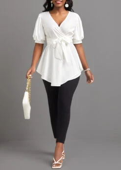 White Asymmetry Short Sleeve V Neck Belted Blouse -UrbanLayer Store 322814 P 16759465177994