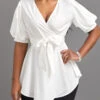 White Asymmetry Short Sleeve V Neck Belted Blouse