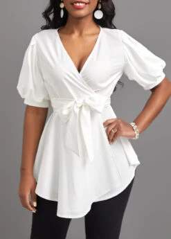 White Asymmetry Short Sleeve V Neck Belted Blouse