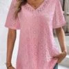 Pink Lace Half Sleeve V Neck T Shirt 1 Pink Lace Half Sleeve V Neck T Shirt -UrbanLayer Store 322857 P 16782696292010