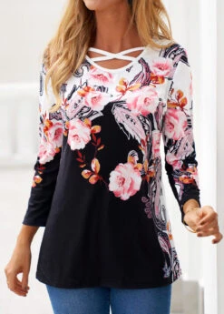Black Criss Cross Floral Print T Shirt