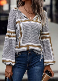 Black Tie Plaid Long Sleeve V Neck Blouse