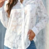 White Jacquard Long Sleeve Shirt Collar Blouse
