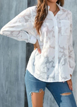 White Jacquard Long Sleeve Shirt Collar Blouse -UrbanLayer Store 322963 P 1672038417891