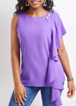 Purple Ruffle Sleeveless Round Neck Blouse -UrbanLayer Store 322992 P 16781922925542