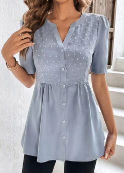 Dusty Blue Patchwork Short Sleeve Split Neck Blouse -UrbanLayer Store 323090 P 16783294501452