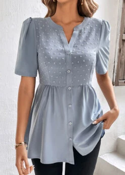 Dusty Blue Patchwork Short Sleeve Split Neck Blouse -UrbanLayer Store 323090 P 16783294509403