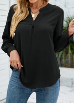 Black Split Neck Long Sleeve Blouse