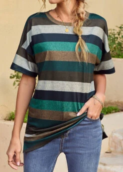 Multi Color Split Striped Short Sleeve T Shirt