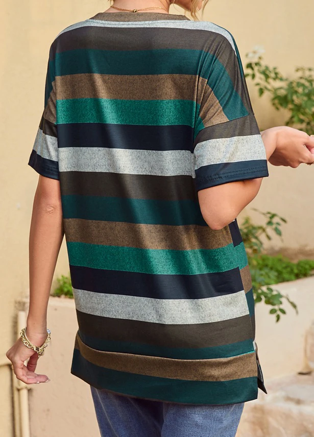 Multi Color Split Striped Short Sleeve T Shirt 3 Multi Color Split Striped Short Sleeve T Shirt - Image 2
