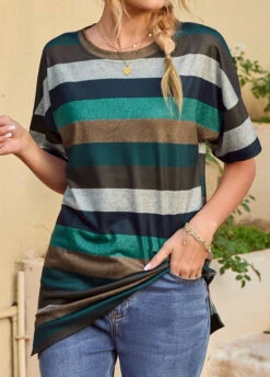 Multi Color Split Striped Short Sleeve T Shirt 8 Multi Color Split Striped Short Sleeve T Shirt -UrbanLayer Store 323335 P 1672374372390