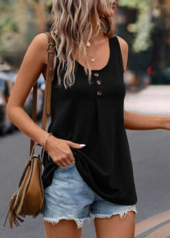 Black Button Scoop Neck Tank Top -UrbanLayer Store 323690 P 16760196934714