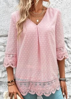 Light Pink Lace Three Quarter Length Sleeve Blouse -UrbanLayer Store 323797 P 16796413130572