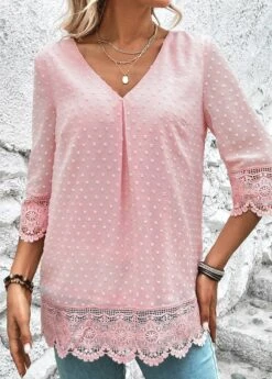 Light Pink Lace Three Quarter Length Sleeve Blouse -UrbanLayer Store 323797 P 16796413137904