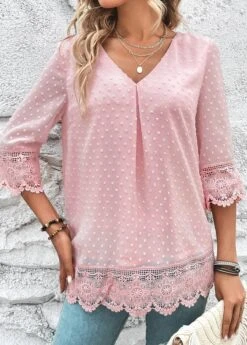 Light Pink Lace Three Quarter Length Sleeve Blouse -UrbanLayer Store 323797 P 16796413139813